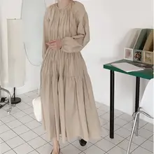ドレス 女性 春夏 ルーズ 長袖 しわ加工 パッチワーク フランス風 ウエスト絞り スリム エレガント