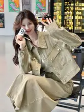 工装デニムスカート【春秋用・韓国風・ハーフスカート・トレンド】（セットアップ対応）