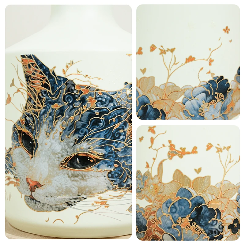 雪猫デザインのガラス花瓶：ユニークなイラストと高級感を備えた中号台面花瓶