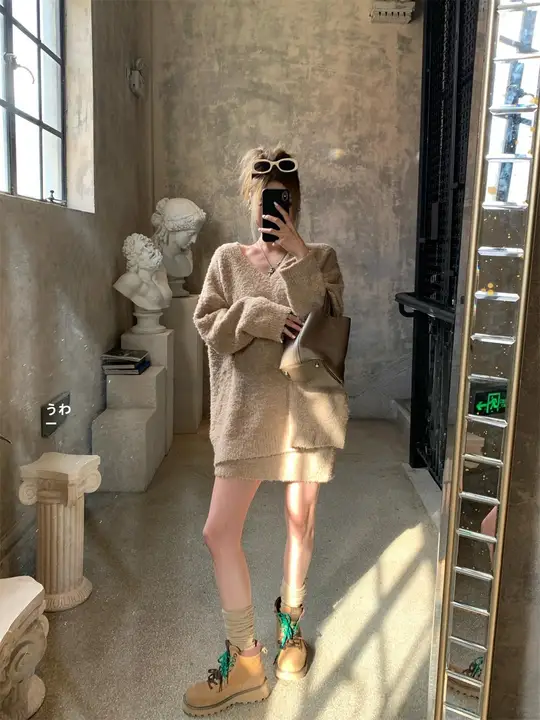 GV レディース Vネック毛糸セーター＆スカートセット【ふわふわ・フィット】