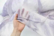 爽やかな淡い紫とピンクの水墨風ストライプ不規則バティックシフォン半透明スカート（セットアップ対応）