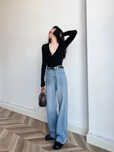 高級感ある浅青色ハイウエストストレートデニムパンツ【ノンストレッチ・柔らかい・スリム効果】