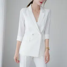 高級感のあるダブルボタン中袖ジャケット【ウエストマーク・ファッション・高腰フレアパンツ】（セットアップ対応）