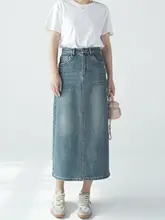 ヴィンテージ風 ブルー デニム スリット入り ハイウエスト レディース スカート【中丈・スタイルアップ】