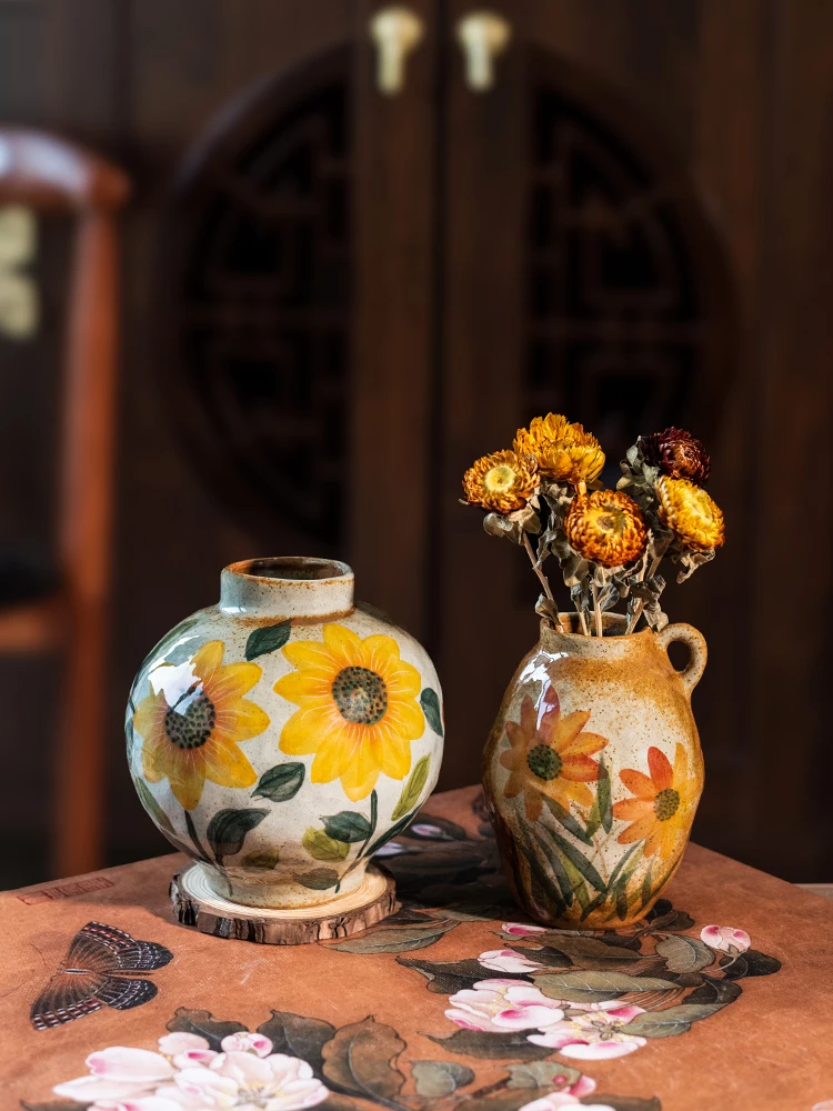 中華風ミニ手描き陶器花瓶：复古怀旧风格のリビング用水栽培対応花器