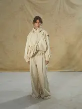 米白色 Aラインプリーツ長ズボン【レトロ風・フィット・広がりシルエット】