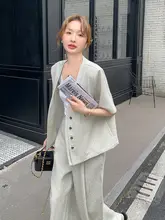 感のあるカーディガンとワイドパンツ【ミディアムグレー・カジュアルファッション・夏使用】（セットアップ対応）