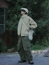 ユニセックス ワイドレッグカーゴパンツ【ミリタリーグリーン・カジュアル・秋冬用】（セットアップ対応）