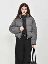 グレー系短丈スタンドカラー ダウンコート【大きなジッパーデザイン・白鹅绒使用】