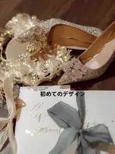 シャンパン色のビジュー付きハイヒールウェディングシューズ【細いヒール・ドレスアップ対応】