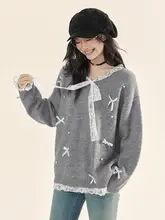 柔らかなVネックレース切替ニットトップス【リボン付き・女性用・甘いデザイン】