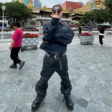 ブラッシュワックスコーティングのライダースアーマー風プリーツデザインカジュアルパンツ【微フレア】