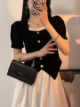 黒のレトロフレンチデザイン バブルスリーブトップス【スクエアネック・夏用・短袖】