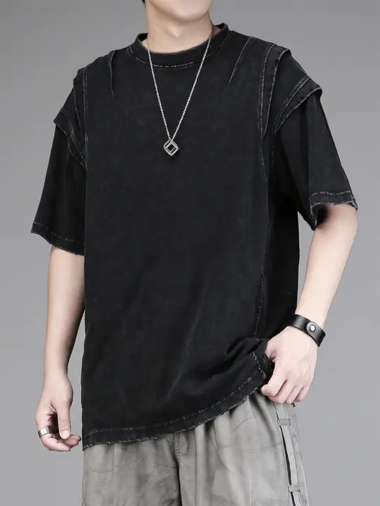 半袖Tシャツ メンズ 厚手 ヴィンテージ加工 パッチワーク デコンストラクション オーバーサイズ ストリート ダーク系