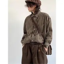 春秋用 レトロストライプの襟付きシャツ【ユニセックス・ルーズフィット・長袖】（セットアップ対応）