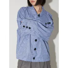 青いチェック柄の長袖シャツ【ゆったりデザイン・春夏用】