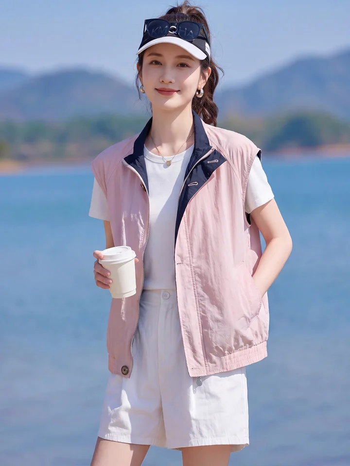ピンクの純綿リバーシブル立襟ベスト【女性用・夏用・シンプルデザイン】