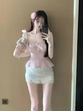 女性用 ピンクのキャミソールとレーススカート【セクシー・夏用・包臀デザイン】（セットアップ対応）