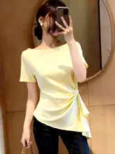 夏用デザイン性のある不規則なウエストシェイプTシャツ【大きいサイズ・短袖・体型カバー】