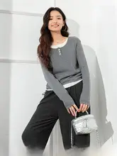 灰色ニットプルオーバー【ラウンドネック・秋冬用・長袖・極上の柔らかさ】（セットアップ対応）