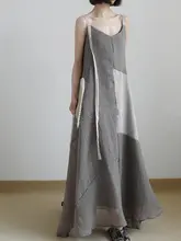 涼しげな麻素材のカラー切替キャミソールワンピース【した雰囲気・夏用・ルーズフィット】