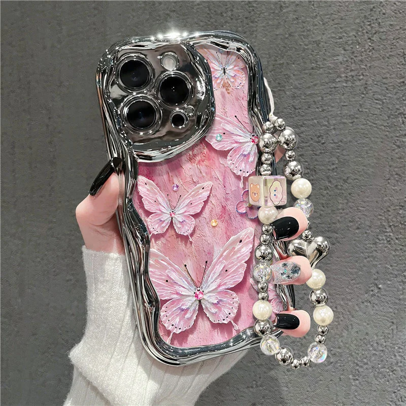 ミントグリーンの蝶柄デザイン【電鍍シルバーの油絵風・スマートフォンケース・Xiaomi Civi 4 Pro・Redmi Note 13 Pro対応】