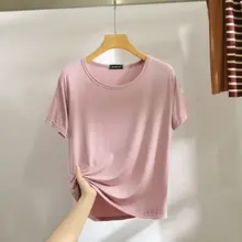 モダール製 ラウンドネック半袖トップス【夏用・薄手・白色・ゆったりフィット】