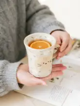 可愛いキャットデザインの手作り陶器コーヒーカップ【花柄・家庭用】