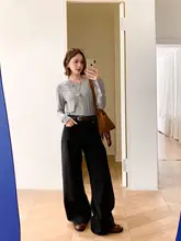 高腰デニムパンツ【コットン製・ワイドレッグ・カラーブロックデザイン・秋用】