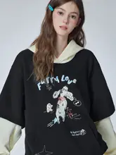 黒い犬のプリント入りフード付きスウェットシャツ【春用・コットン・二重構造】（セットアップ対応）