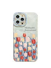 油絵風花柄iPhoneケース【グリーン・防衝撃・透明デザイン・複数機種対応】（セットアップ対応）