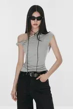 花柄グレーの斜め肩口ねじりTシャツ【女性用・ウエストシェイプ・夏用】