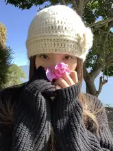 立体花デザインの細編みニット帽【防寒・高級感・女性用】