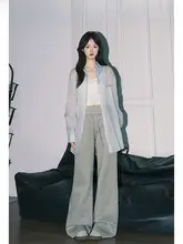 グレー ワイドレッグカジュアルパンツ【高腰・ストレートシルエット】（セットアップ対応）