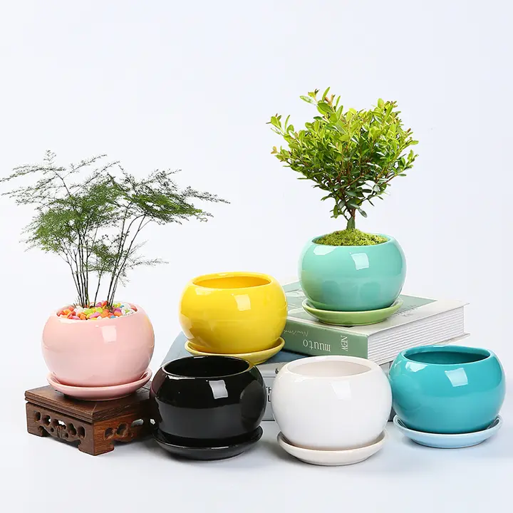 ミニ可愛い陶器の多肉植物用鉢【純白・ピンク・丸形・通気性あり】