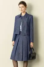 高級感あるショートジャケットとミディスカートの秋コーデ【ブルー・ファッションアイテム・セットアップ対応】
