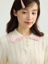 ポロネックの透かし編みニットトップス【女性用・短丈・ブルー】