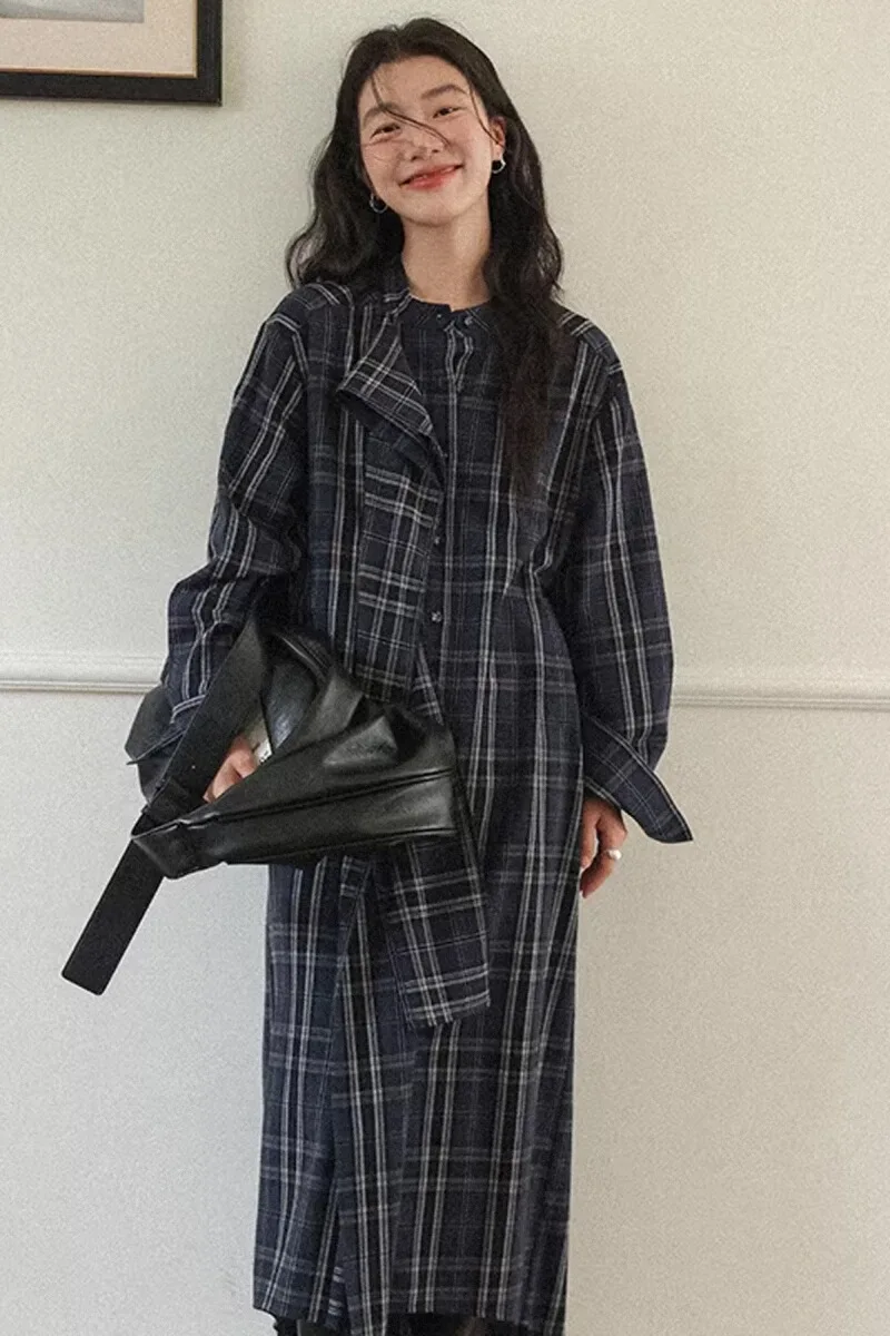 春季にぴったりのチェック柄シャツワンピース【デザイン性抜群・ロング丈】