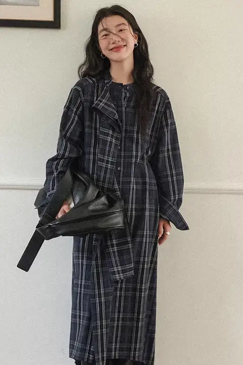 春季にぴったりのチェック柄シャツワンピース【デザイン性抜群・ロング丈】