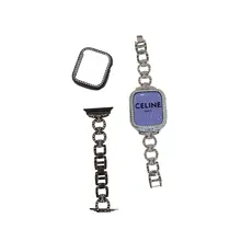 Apple Watch用 バンド ケース メタルチェーン ラインストーンデコ ツイード風 上品 おしゃれ 「Monna」