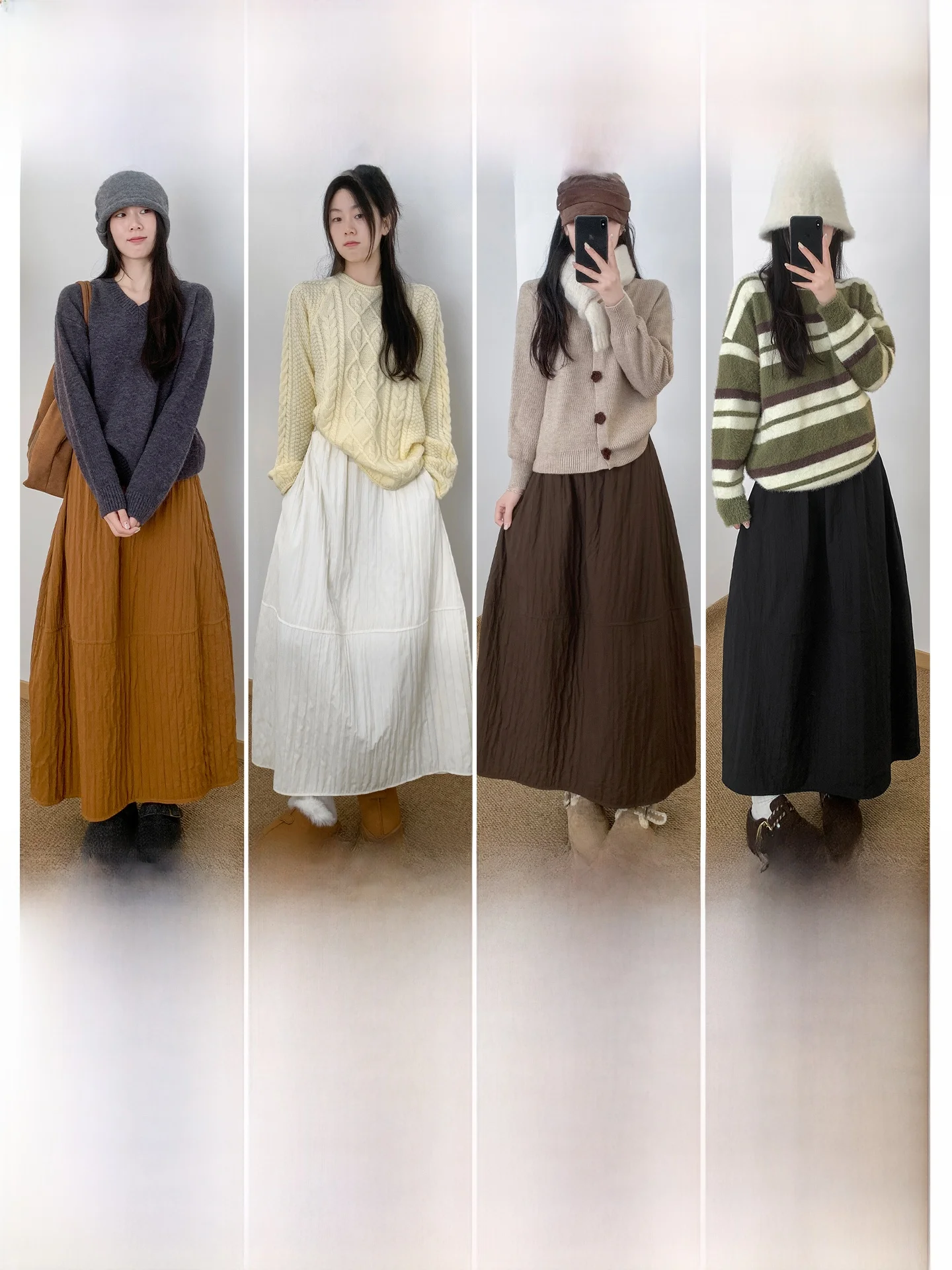 米白色フレアパンプキンスカート：春先の日常着用に最適なAラインストレッチデザイン
