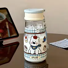 可愛い犬デザインのプラスチック水筒【携帯用・ストロー付き・簡単操作】