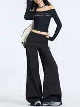 高腰のフィット黒のワイドレッグパンツ【スカート風・カジュアル・カンガルーポケット・偽二重デザイン】（セットアップ対応）