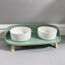猫用陶器製ダブルボウル【食器・水飲み用・首を守るデザイン・ペット用品】