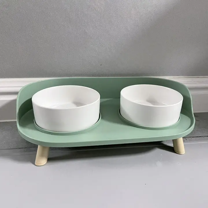 猫用陶器製ダブルボウル【食器・水飲み用・首を守るデザイン・ペット用品】