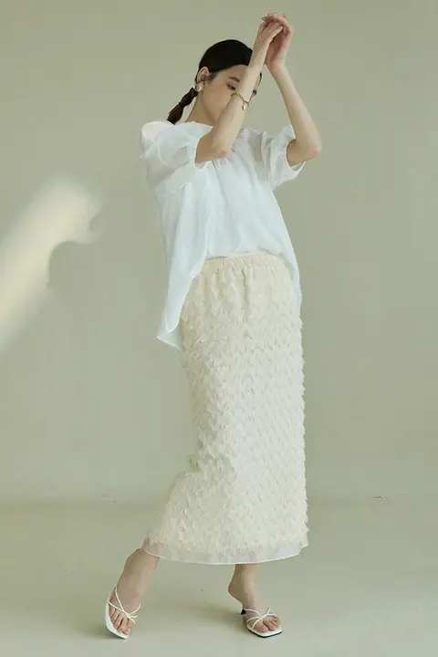 流れる素材のフリンジデザインストレートスカート【ユニークなデザイン】（セットアップ対応）