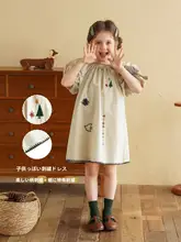 泡泡袖付きワンピース【子供用・刺繍デザイン・夏用・レトロスタイル】
