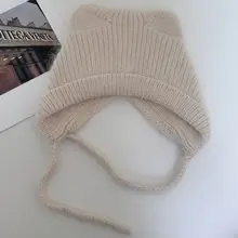 カートゥーン耳付きウサギファー編みニット帽【秋冬用・暖かい・保護耳】