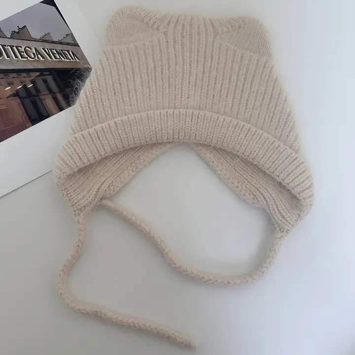 カートゥーン耳付きウサギファー編みニット帽【秋冬用・暖かい・保護耳】