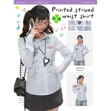 ブルーストライプウエスト絞りコットン長袖シャツ【女性用・秋季新作・プリントデザイン】